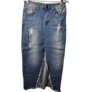 Machine Jeans Womens Blue Denim Distressed Fringe Hem Skirt Size Italy S USA 26